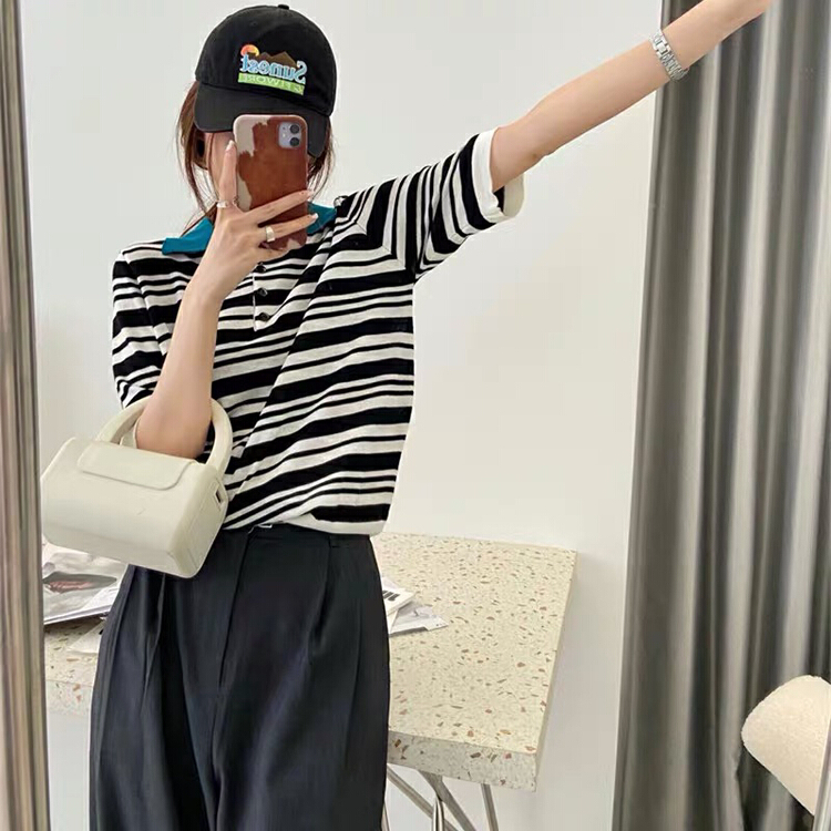 [blue show] retro contrast Polo neck ice stripe short sleeved sweater 6041# LSW