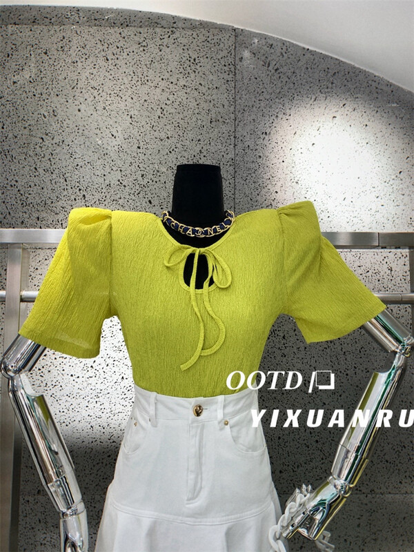 [yixuanru] round neck bubble sleeve lace up blouse 9298# ozq