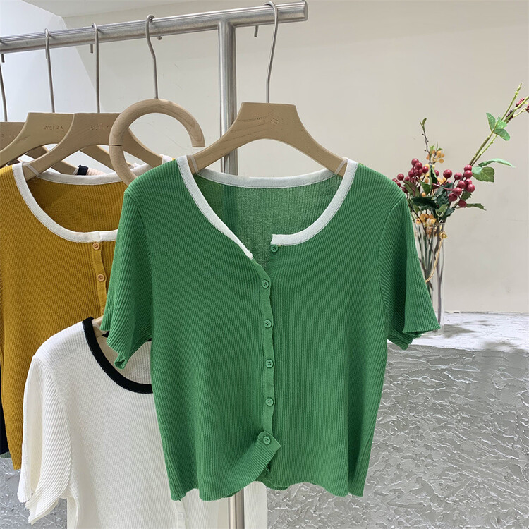 New in early summer! [Weika] Korean style round neck single breasted contrast color knitted cardigan 8107# lwy