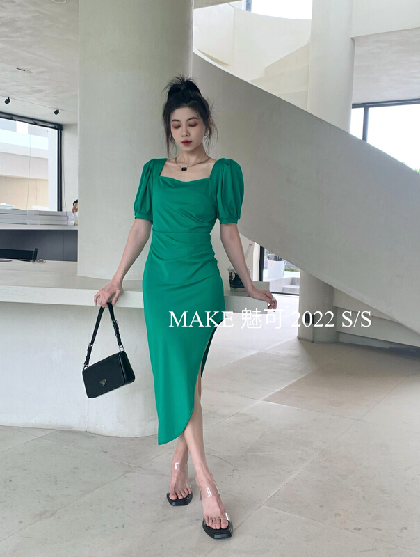 [make Meike] French temperament inclined hem square neck dress 8808# XJ