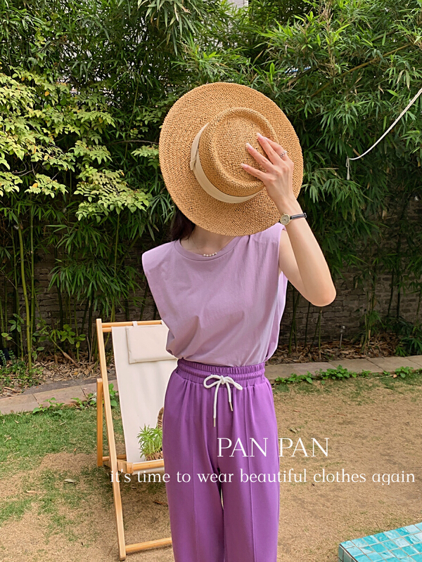 New in early summer! [Panpan] sleeveless crew neck solid short sleeve T-shirt 3282# cqw