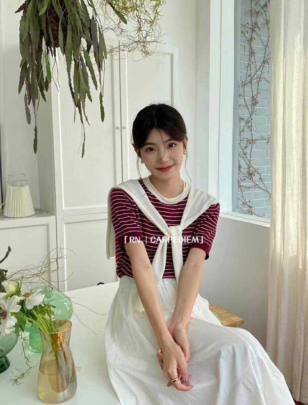 New in early summer! [R n] Korean round neck versatile contrast color college style sweater (with shawl) 80550# ll