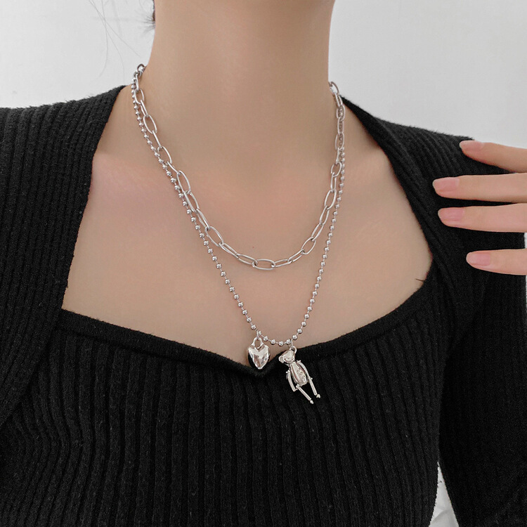 [inside] light luxury, high sense, minority design, bear love double layer long necklace x1674# zxl