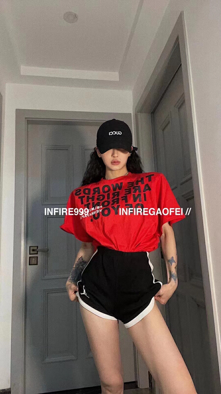 New in early summer! [laqssy] Korean fashionable loose letter printing design shoulder pad versatile short sleeve T-shirt 2228# zyh