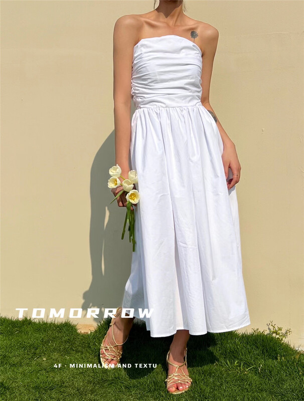 goods in stock! [tomorrow] Korean solid color waist closing strapless dress 8020# ozq