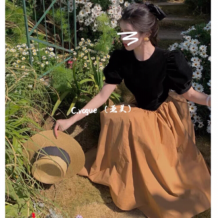 【C.VOGUE】法式復古赫本拼接撞色絲絨收腰連衣裙  29190#  PCZ