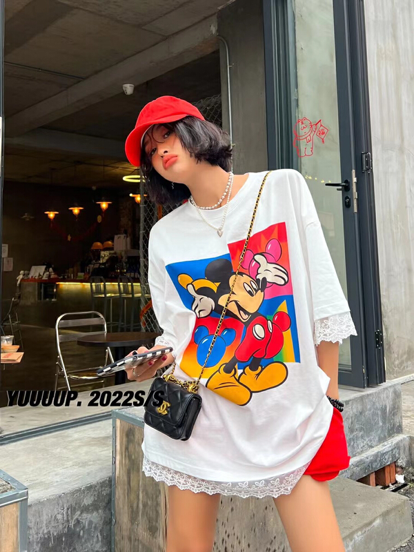 [yuup] Korean loose cartoon Mickey print short sleeve T-shirt 622117# LSL