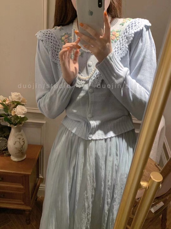 [pan] round neck single breasted heavy industry embroidery gentle lady elegant knitted cardigan 0093# PCZ