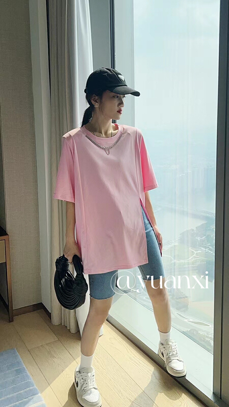 New in early summer! [Yuanxi] designer shoulder pad slit short sleeve T-shirt (with chain) ys1-762# LSL