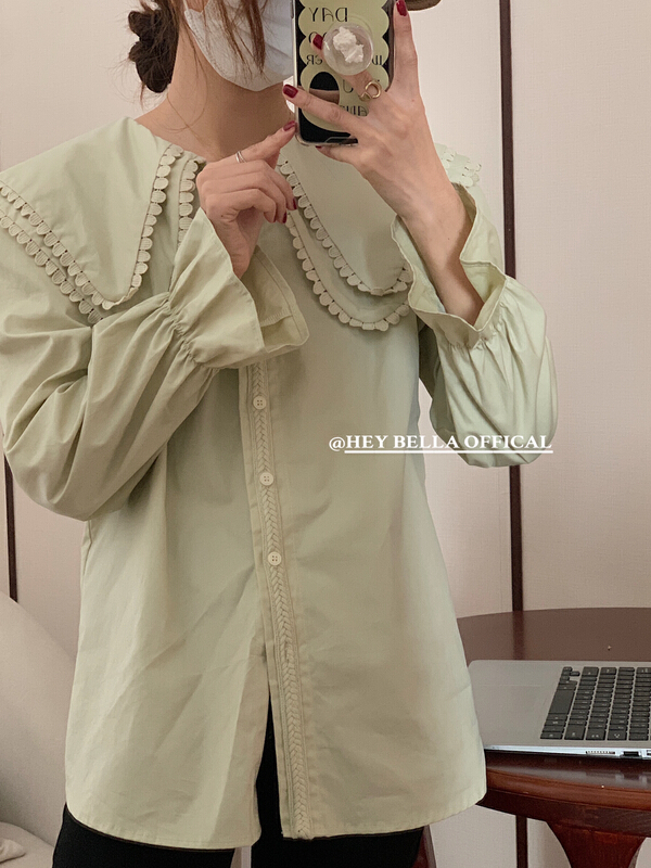 New year in early spring! [hey Bella] college style double layer doll neck lace design shirt b1201# ll