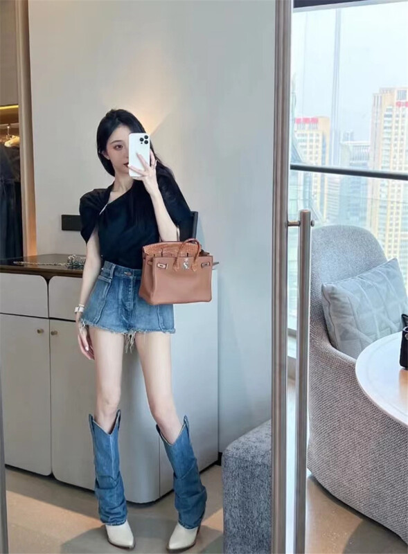 New in early summer! [six] large pocket high waist denim shorts 06231-1# PCZ