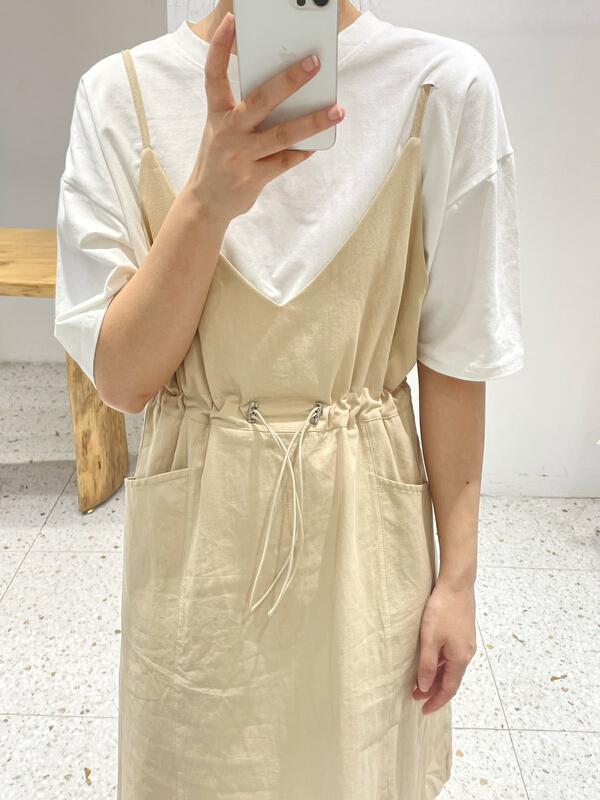 [family +] Korean casual drawstring waist closing and thin fake two-piece dress h023a153# ozq
