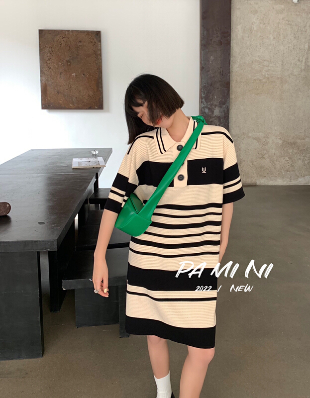 [pamini] Korean loose Polo neck black and white stripe versatile dress 22145# Cl