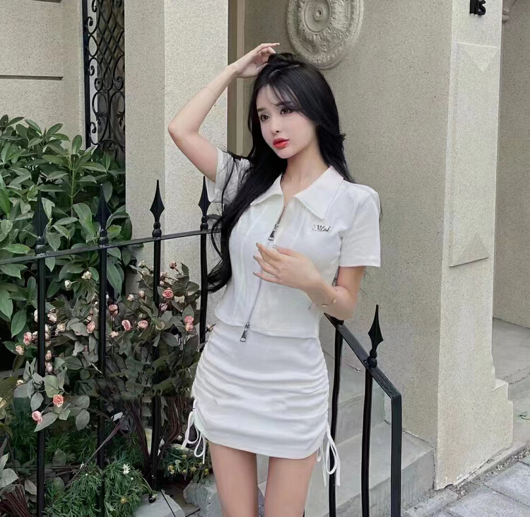 [M.H] Korean Polo neck sling short sleeve T-shirt + drawstring skirt suit 8261# PCZ