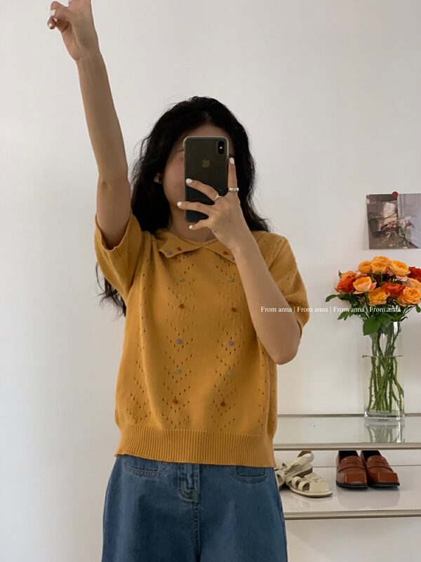 [from Anna] Korean doll neck hollow out handmade flower short sleeved shirt a61188# LSW