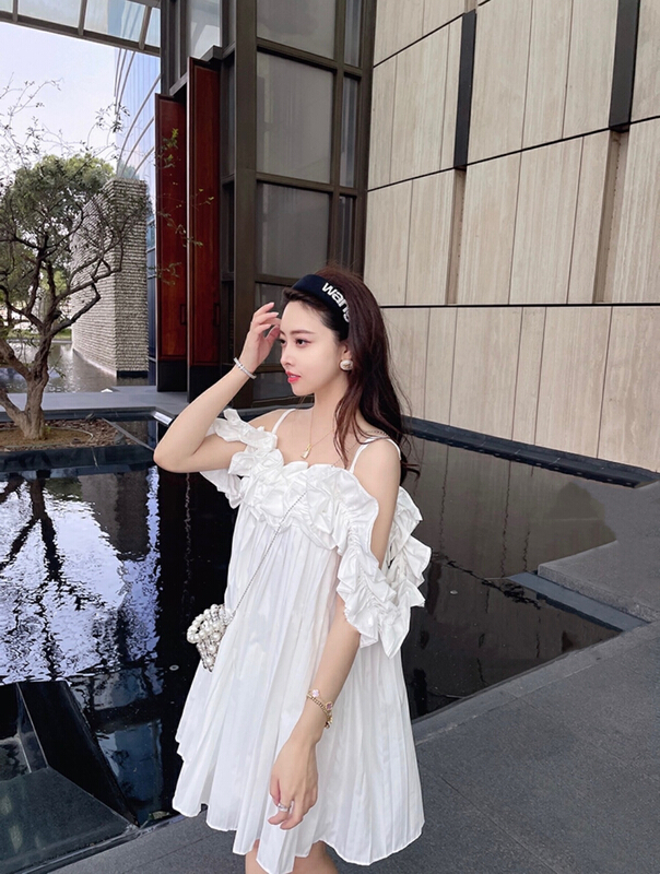 [X.C] sweet off shoulder wrinkled suspender dress 618# WPL