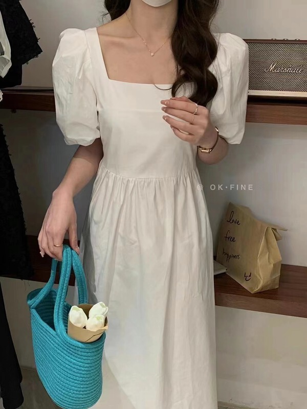 [OK fine] Korean style square neck bubble sleeve sweet dress 3025# zjy