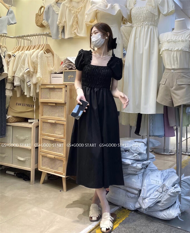 New in early summer! [GS. Good star] elegant little women's square neck high waist dress 22231# hjy