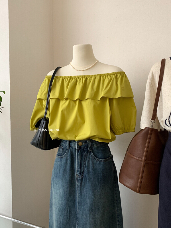 [Imiss] Korean solid color ruffled one-line collar shirt cx3337# LSW