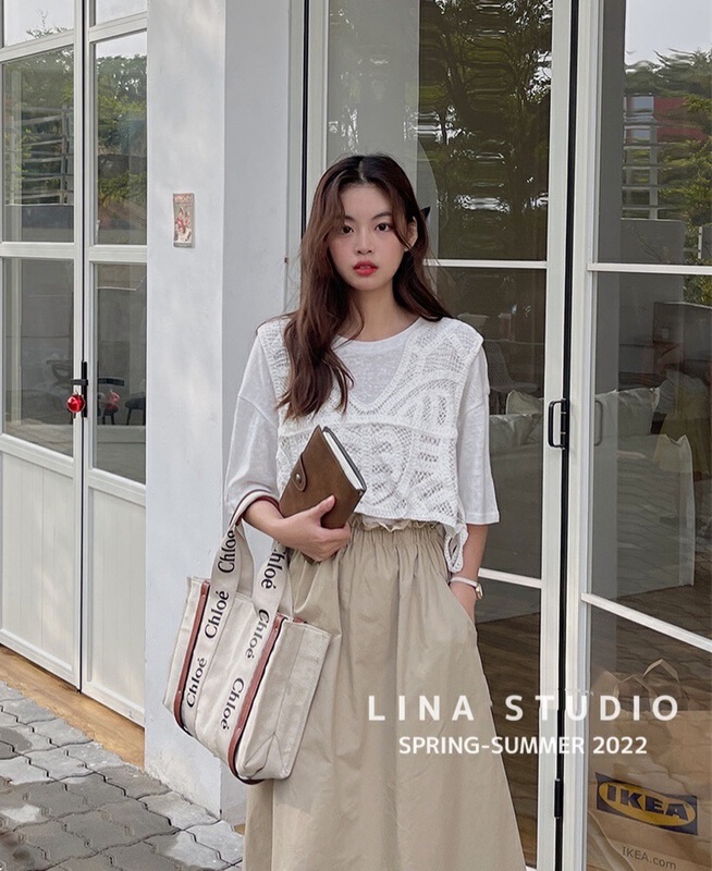 [Lina] simple solid color versatile Vest + Korean round neck comfortable solid color short sleeve suit 8730# zxx