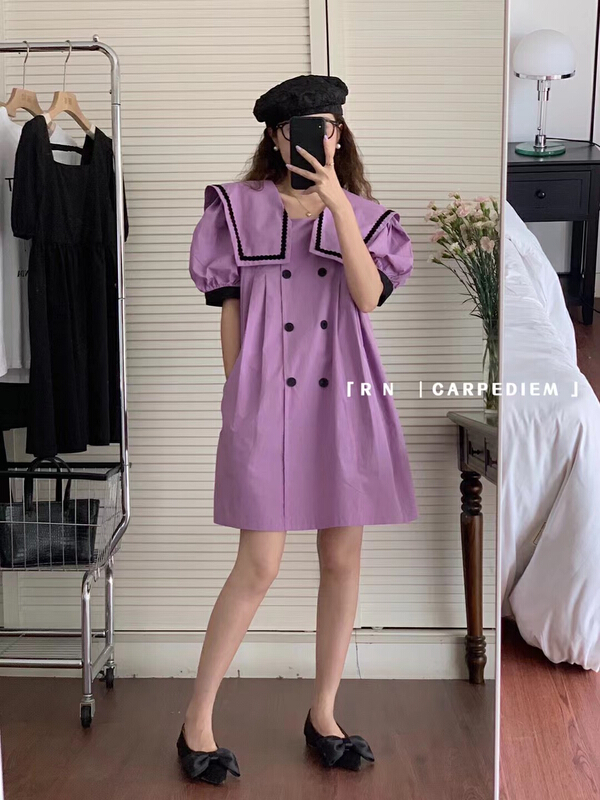 [R n] Korean French retro Navy collar double breasted dress 81069# ll