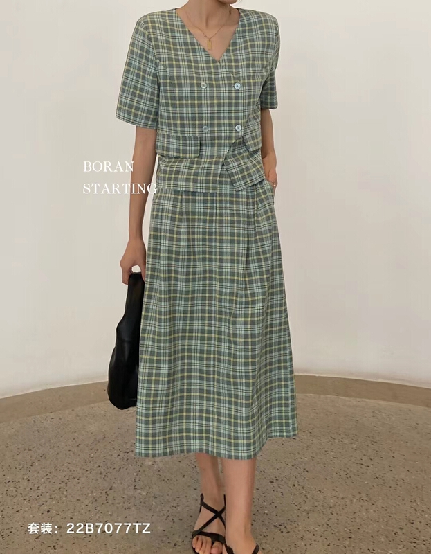 goods in stock! New year in early spring! [Boran buran] simple and versatile double breasted suit + slim and versatile plaid skirt suit 7077# XYY