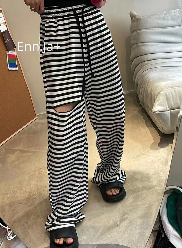 [Lala] elastic waist stripe straight hole casual pants 3029# WTT