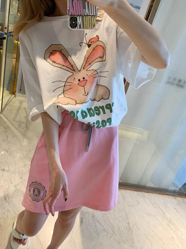 [miss Xi Xi] printed pink rabbit round neck short sleeve T-shirt 1379# Cl