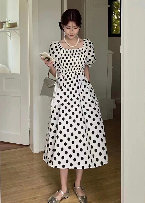[JH] net red wave dot Lantern Sleeve bow tie front and back two dresses (only dresses) 41650# PCZ