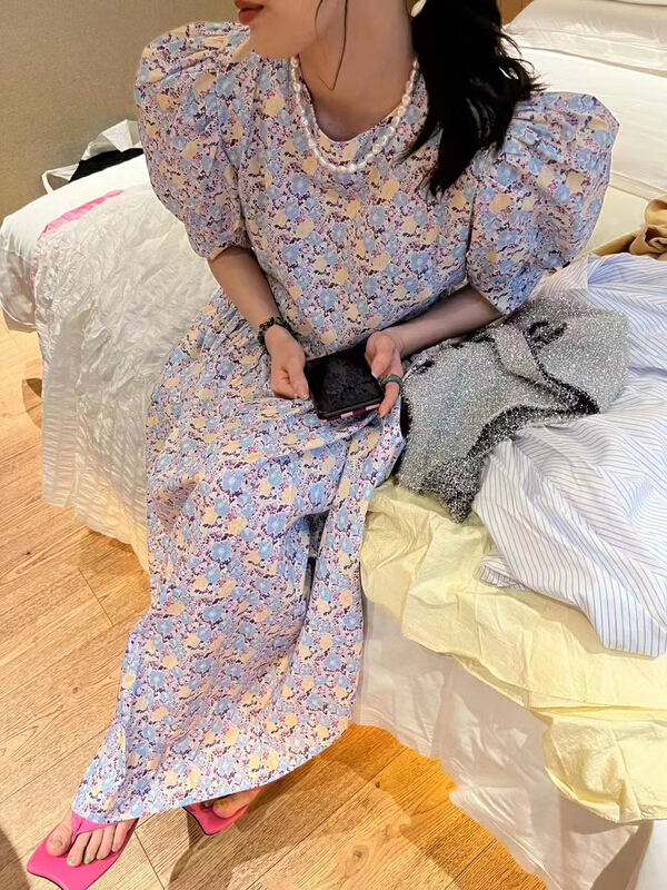 現貨!【MI NI】復古碎花寬鬆泡泡袖連衣裙(不配項鍊)  2685#  PCZ