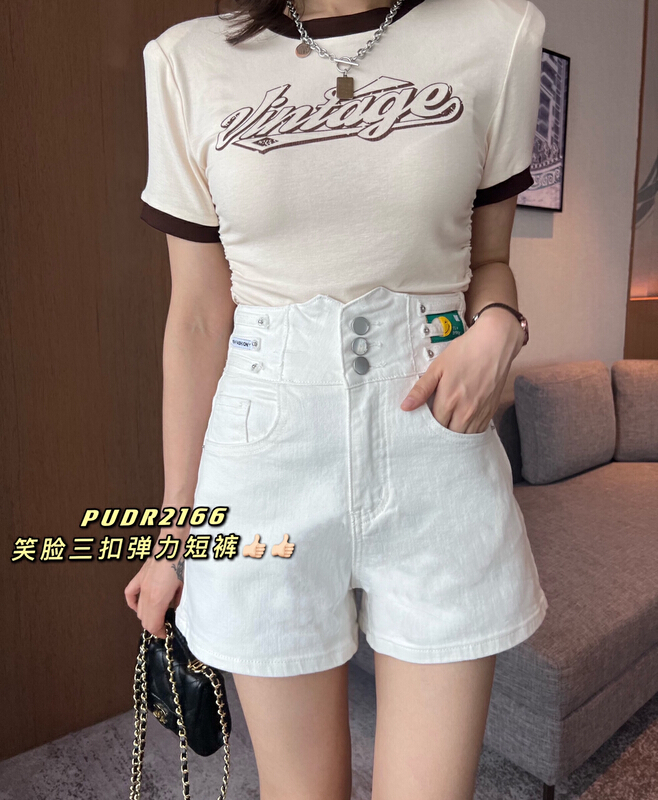 [pudr] Korean label high waist three button denim shorts 2166-1 black 2166-2 white # XJ