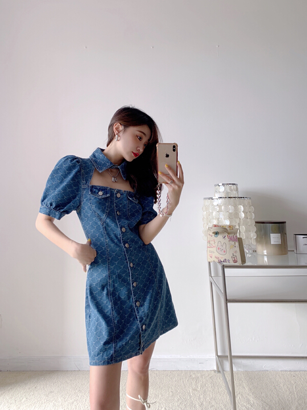 [Vanessa] heavy industry Vintage Embroidery Design denim dress 6200# ozq