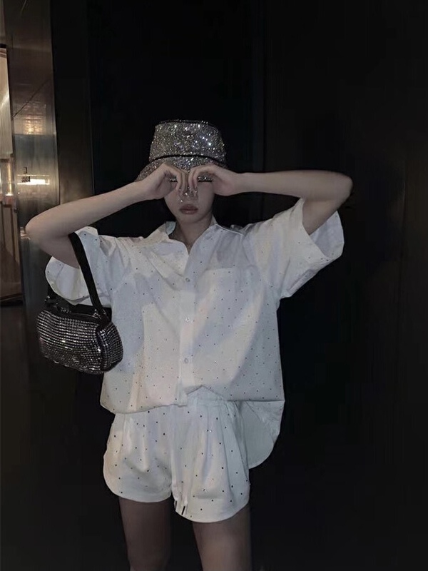 [Linna] fashionable Lapel hot drill short sleeve shirt + casual Shorts Set 124593# zxx