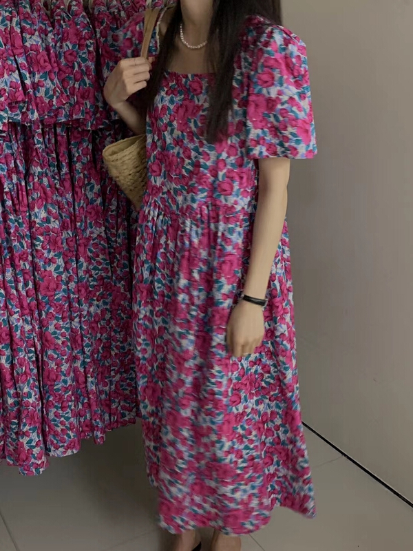 [Sicily] raspberry Vintage square neck dress 9129# XJ
