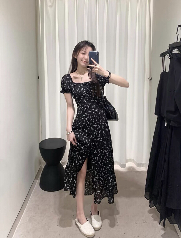 [savage] French retro one shoulder square neck single breasted A-line floral bubble sleeve dress ys1-e8256# WPL