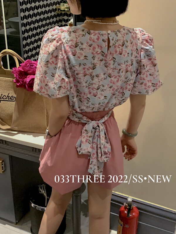 [033there] Korean printed bandage short bubble sleeve shirt (excluding shorts) 8123# ozq