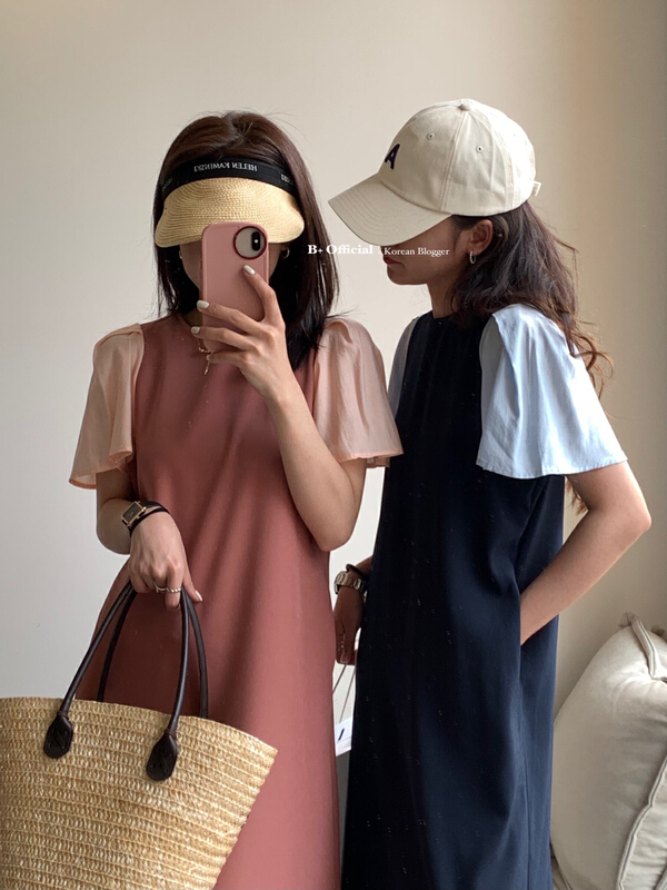 New in early summer! [B plus] ins age reducing splicing short sleeved dress (with waist rope) 22-1323-2# HBx
