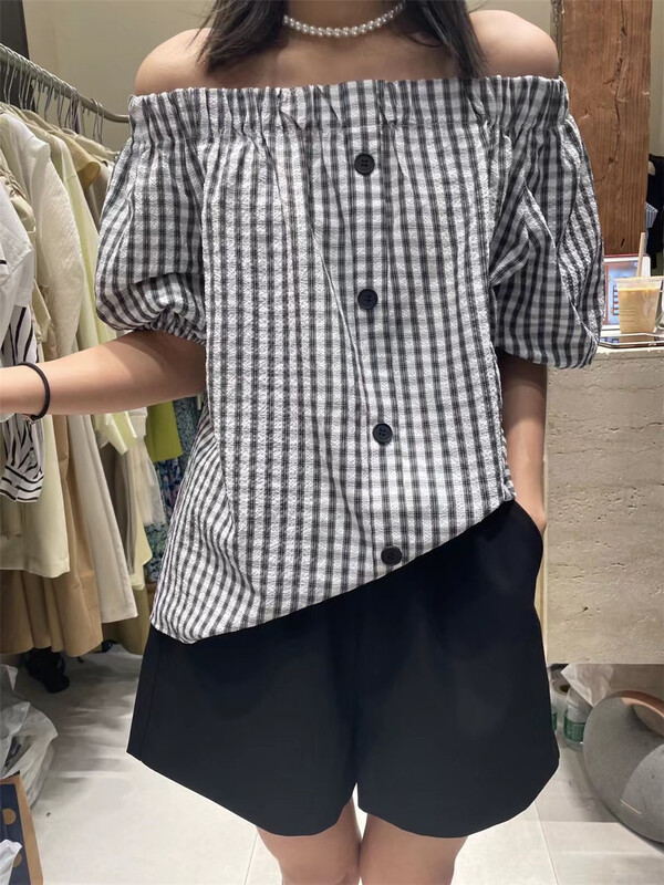 New in early summer! [dream fly] niche Plaid off shoulder shirt 61188# XJ
