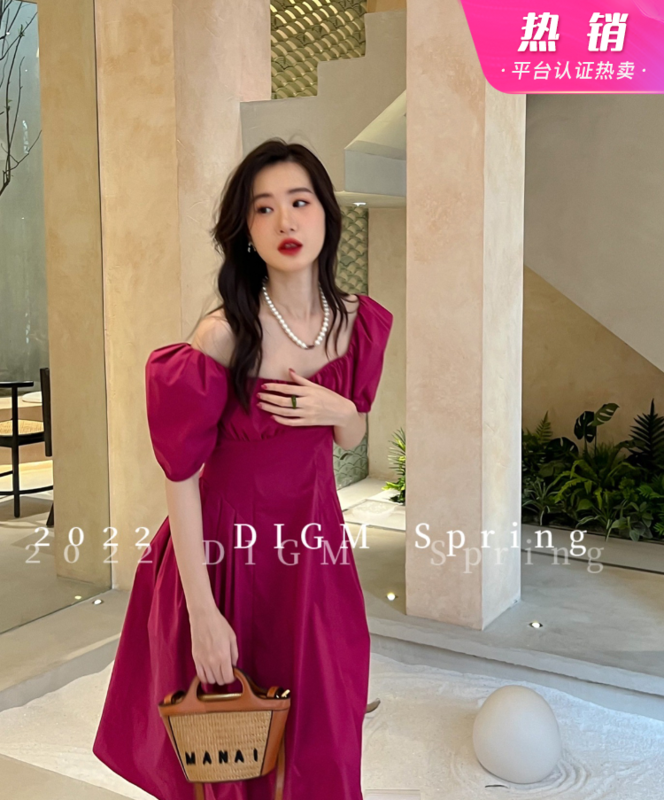 New in early summer! [digm] French retro bubble sleeve slim dress 1563-1# zxx