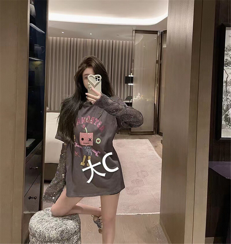 [big C studio] heavy industry round neck Pullover pattern long sleeve T-shirt (detachable with sleeves) 1018# PCZ