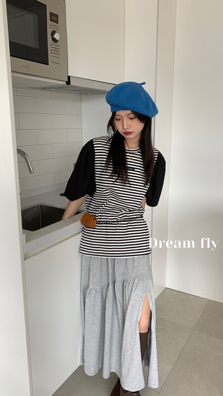 New in early summer! [dream fly] Korean loose and versatile stripe short sleeve T-shirt 61178# XJ