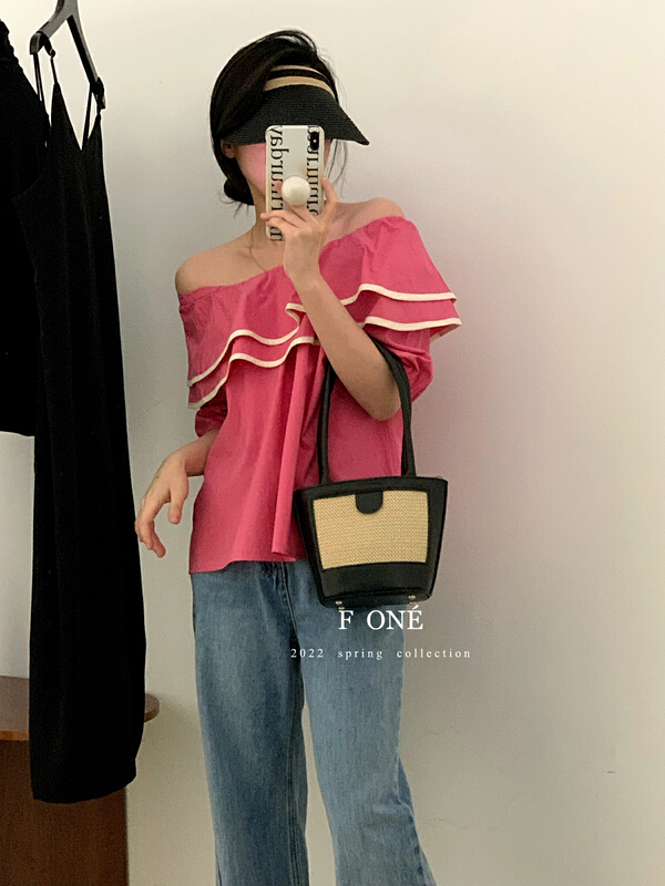 [f one] Korean version double-layer Ruffle with two off shoulder shirt 66129# WPL
