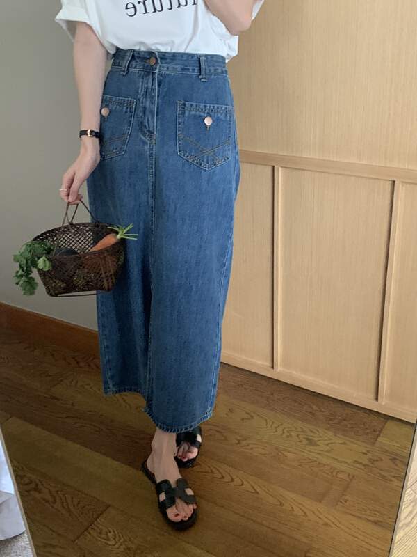 New in early summer! [meet me] Korean high waist double pocket split medium length denim skirt 61196# ll