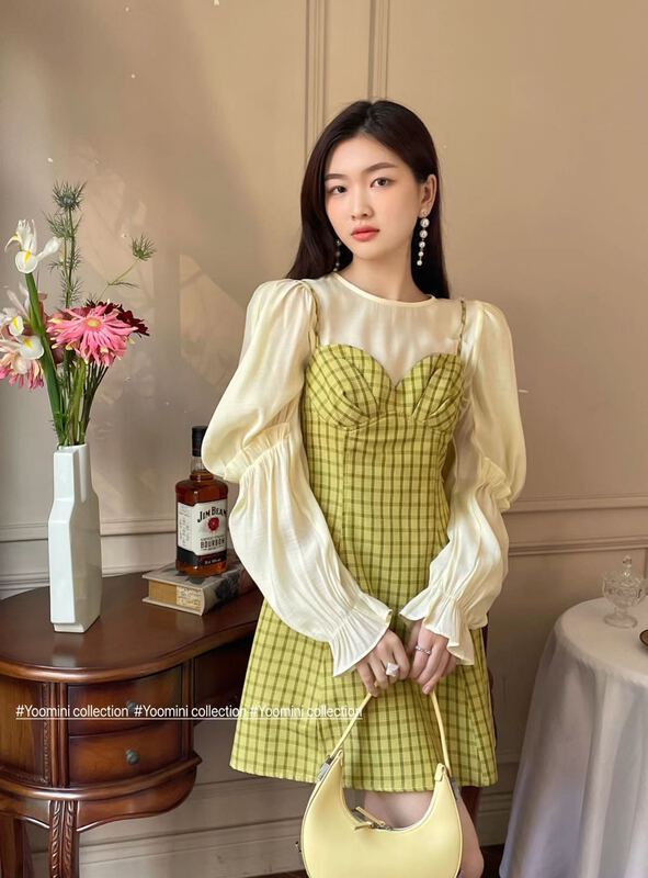 New year in early spring! [yoomini] Korean fashion Plaid waist closing dress c12405# jhy