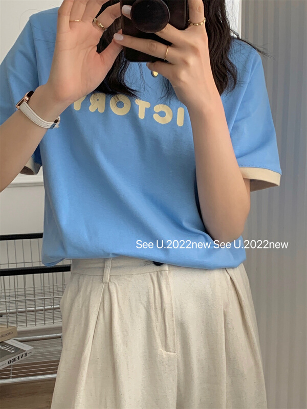 【SEE U】字母拼色舒適短袖T恤  B9157#  L