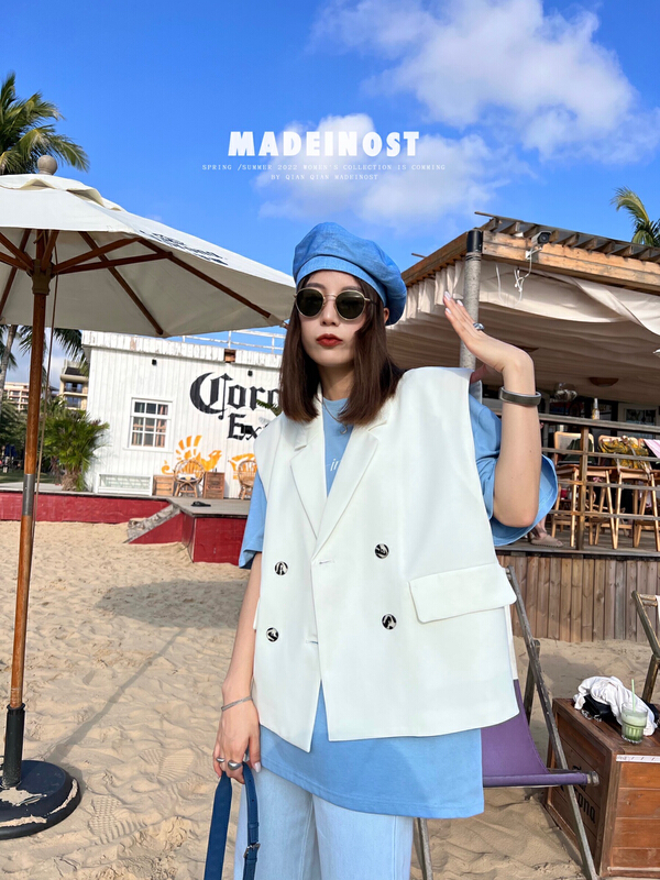 Original price 99.26! New year in early spring! [OSHA madeinost] silhouette shoulder pad temperament double breasted suit vest 86068# ll