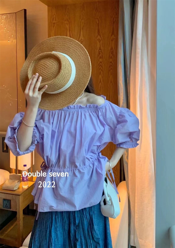 New in early summer! [double seven] off shoulder versatile drawstring shirt 28501# zxx