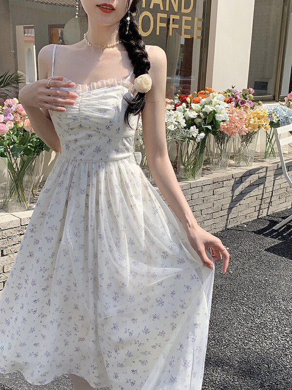 New in early summer! [w design] Korean women's Fairy broken flower mesh suspender dress 10841# WPL