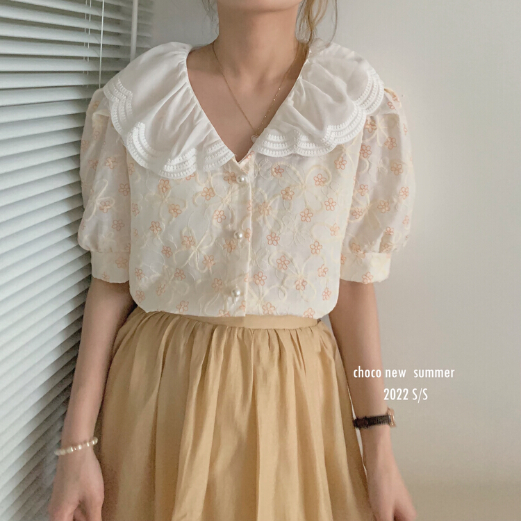 goods in stock! New in early summer! [choco] sweet stitched floral blouse (excluding matching) 8213# HBx