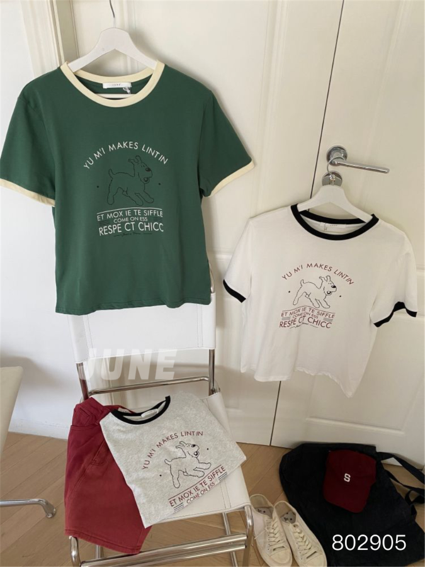 [June] Korean round neck contrast collar Dog Print short sleeve T-shirt 802905# XYY